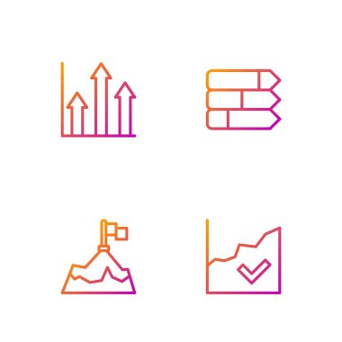 Finansal büyüme çizgisi, bayrağı olan dağlar, turta grafikleri ve bilgi. Renk simgeleri. Vektör.