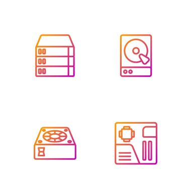 Anakart dijital çipi, Bilgisayar soğutucusu, Sunucu, Data, Web Sunucusu ve Sabit Disk Sürücüsü HDD 'yi ayarla. Renk simgeleri. Vektör.