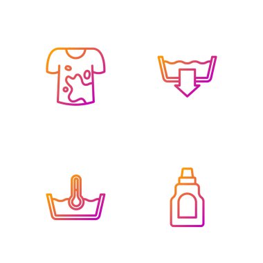 Temizlik acentesi, vücut ısısı temizleme, kirli tişört ve çamaşır yıkama modları için bir çizgi ayarla. Renk simgeleri. Vektör.