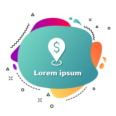Beyaz Nakit lokasyon simgesi beyaz arkaplanda izole edildi. İşaretçi ve dolar sembolü. Para yeri. İş ve yatırım konsepti. Sıvı şekilli soyut pankart. Vektör.