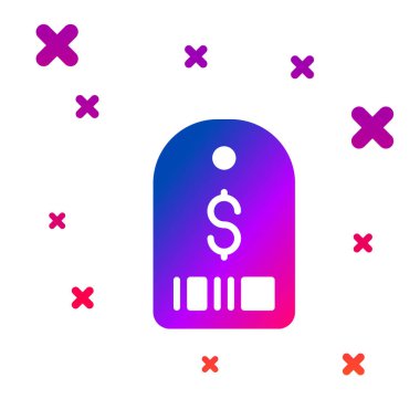 Beyaz arkaplanda dolar simgesi olan renk fiyatı etiketi. Rozet fiyatına. Dolar sembollü indirim. Reklam etiketi indirimi. Kademeli rastgele dinamik şekiller. Vektör