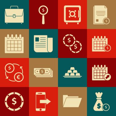 Para çantası ve madeni para, takvim, mali takvim, kasa, dosya, evrak çantası ve dolar sembollü sikke parası. Vektör