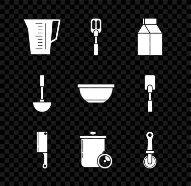 Süt, et doğrayıcı, yemek pişirme kabı ve mutfak zamanlayıcısı, bıçak, kepçe ve bowling ikonu için ölçü kabı kâğıdı paketini hazırlayın. Vektör.