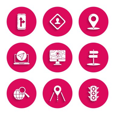 Konum, trafik ışığı, büyüteç küresi, şehir navigasyon bilgileri, harita iğnesi ve simgeyle birlikte monitörü ve katlanmış haritayı ayarlayın. Vektör