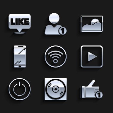 Wi-Fi kablosuz internet ağı, Vinil disk, Hand like, Play square, Power Butonu, Smartphone, cep telefonu, resim manzarası ve konuşma balonu simgesini ayarlayın. Vektör