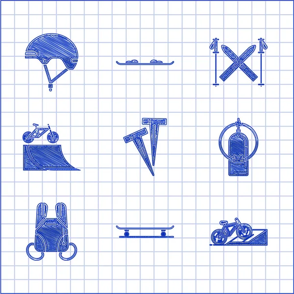 Set Pegs for tents Skateboard Bicycle on street ramp Aqualung Parachute Ski and sticks and Helmet icon. Vector.