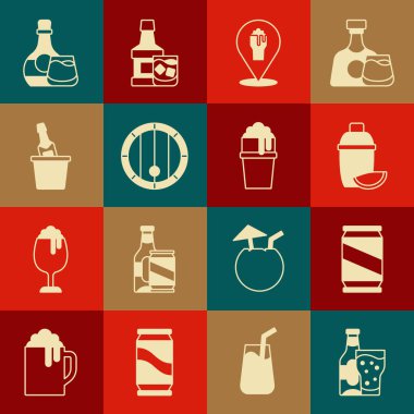 Bira şişesi ve cam, kutu, limonlu kokteyl karıştırıcısı, alkol veya bira barı konumu, tahta fıçı, buz kovasında şampanya, viski ve bir bardak ikon. Vektör