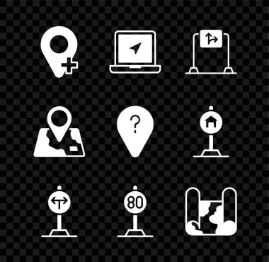 Konumu, dizüstü bilgisayarı konum işaretleyicisi, yol trafik işareti, yol ayrımı, hız sınırı, katlanmış harita ve bilinmeyen yol noktası simgesi ile ayarla. Vektör