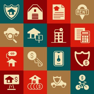Bisiklet kiralama mobil uygulaması, dolar, hesap makinesi, ev sözleşmesi, araba paylaşımı, kalkan ve simge ile Shield ayarlayın. Vektör