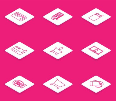 Hat kredi kartı, eklenmiş kredili Pos terminali, kağıt alışveriş torbası ve yiyecek, alışveriş sepetine ekleme, ekran dizüstü bilgisayarı, imza panosu yazıları ve simge. Vektör