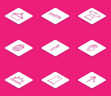 Hat askısı gardırobu, mezura, kadın elbisesi, dikiş ipliği, makara, kesme aleti, Fransız kıvrımları, iğne, iğne ve ikon. Vektör