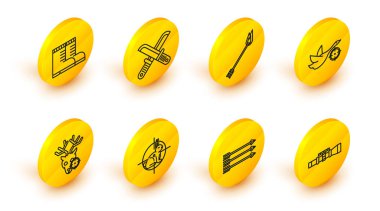 Keskin nişancı optik görüşü, Hippi okları, hedefli tavşan avı, geyik, ördek, ateş, çapraz avcı bıçağı ve avcı çizmeleri ikonu. Vektör