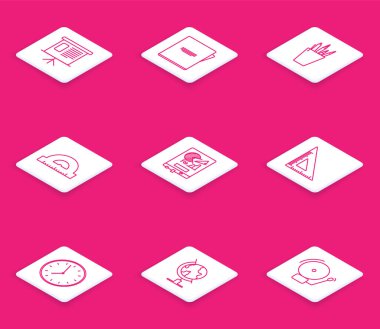 Grafik, pasta grafiği, not defteri, kalem kutusu kırtasiyesi, ölçüm dereceleri, tahta, üçgen cetvel, saat ve dünya küresi simgesi için taşıyıcı ızgara hattı ayarla. Vektör