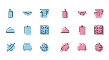 Hattı kurun, ekmek kızartma makinası, kesme tahtası, mutfak saati, tencere, gaz sobası, kaplanmış yemek tepsisi ve süzgeç ikonu. Vektör