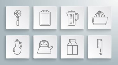 Bir şişe zeytinyağı, kesme tahtası, saplı kettle, süt için kağıt paketi, et helikopteri, çaydanlık, meyve sıkacağı ve Spatula ikonu. Vektör