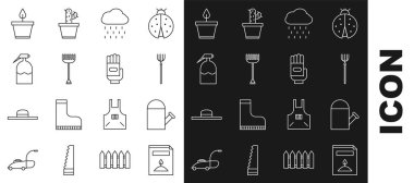 Bir paket tohum, su kovası, bahçe yabası yağmur, tırmık, sprey, saksı ve eldiven ikonu içeren bulut. Vektör