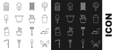 El yapımı bahçe makası, çim biçme makinesi, kova, tahta merdiven, saksı, ağaç, çöp tenekesi ve kaktüs sulu ikonu. Vektör