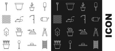 Ahşap merdiven, bahçe makası, su kovası, saksı, çim biçme makinesi, çit tahtası, tırmık ve tırpan simgesi. Vektör