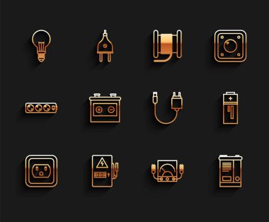 ABD 'de elektrik prizi, panel, fikir kavramına sahip ampul, ampere ölçer, multimetre, voltmetre, araba aküsü, pil ve şarj ikonu ayarlayın. Vektör