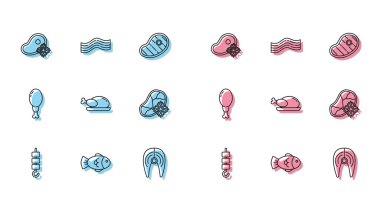 Şiş çubuğunda ızgara şiş kebap Fish, taze donmuş biftek, kızarmış hindi ya da tavuk budu ve domuz pastırması ikonu. Vektör