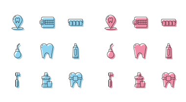 Diş fırçası, ağız gargarası plastik şişe, diş sağlığı kliniği konumu diş telli diş teli, diş macunu tüpü, armut ve takma diş ikonu. Vektör