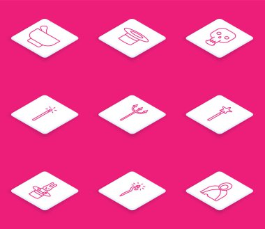 Sihirli havan topu ve tokmak, Sihirbaz şapkası, Kafatası, değnek, Neptün mızrağı, tavşan ve asa ikonu. Vektör