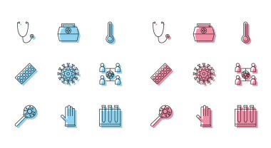 Virüs hattını büyüteç, tıbbi lastik eldiven, steteskop, kan testi ve virüs, yayılma, hapların su toplaması ve ilk yardım çantasının altına yerleştir. Vektör