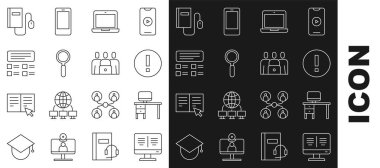 Çevrimiçi rehberi monitöre, bilgisayara ve masaya, Bilgiye, laptopa, büyütece, quiz, test, anket, fare ve sınıf simgesiyle Elektronik 'e ayarla. Vektör
