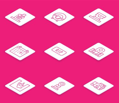 Mezar taşı, Anma Çelengi, Tabut, Takvim Ölümü, Konuşma baloncuğu yırtılması, Mezar ve Yer simgesi ile Mezar Hattını ayarlayın. Vektör