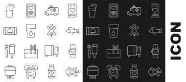 Et yok, akıllı saat, balık, ambulans ve acil durum arabası, su dolu cam, spor beslenme, fitness karıştırıcı ve doping şırınga ikonu. Vektör