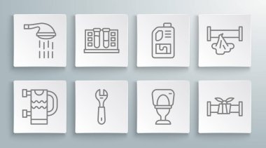 Hattı ısıtmalı havlu korkuluğu, su damlalı test tüpü, anahtarlık, klozet, endüstriyel metal boru, lavabo açıcı şişe, kırık ve duş ikonu. Vektör