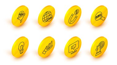 Satranç satrancını ayarla, konuşma balonunda hoşlanma, pasta grafiği bilgisi, fikir konsepti olan ampul, SEO optimizasyonu, mıknatıs parası, reklam ve yönetim simgesi. Vektör