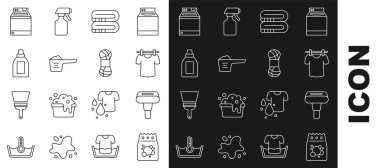 Çamaşır deterjanı, giysi buharı, kuru giysiler, havlu yığını, çamaşır deterjanı, temizlik malzemesi şişesi, çamaşır ve iplik ikonu. Vektör