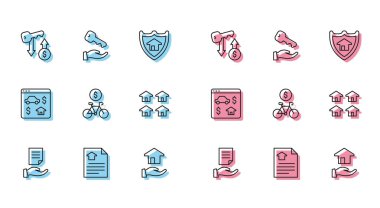 Satır Evi sözleşmesi, Kira anahtarı, emlakçı, bisiklet kiralama mobil uygulaması, emlak, çevrimiçi gerçek ve simge. Vektör