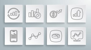 Çizgi Mobil 'i grafikle, finansal büyümeyle, grafik grafiğiyle, turtayla, dolarla ve simgeyle ayarla. Vektör