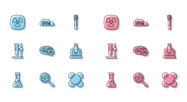Test tüpünü, mikroorganizmaları büyüteç, radyoaktif, molekül altında zehirli sıvı, mikroskop, matara ve CO2 emisyonlarını bulut simgesine yerleştirin. Vektör