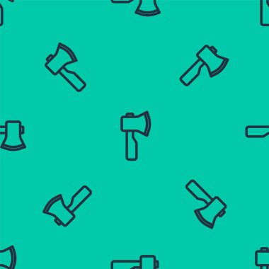 Mavi çizgi tahta balta ikonu yeşil arka planda izole edilmiş pürüzsüz desen. Oduncu baltası. Vektör.