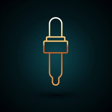 Altın çizgili Pipette, koyu mavi arka planda izole edilmiş yağ ikonu. Tıbbi elementler, kimya laboratuarı ekipmanları. Damlalı boru. Tıp sembolü. Vektör.