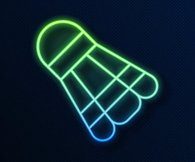 Parlayan neon hattı Badminton mekik siki ikonu mavi arka planda izole edildi. Spor malzemeleri. Vektör.