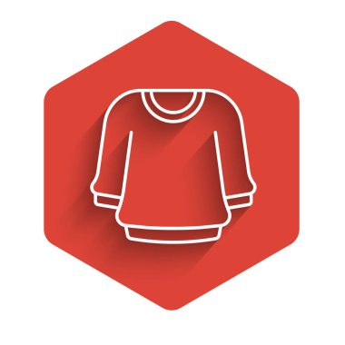 Beyaz çizgi süveter ikonu uzun gölge arkaplan izole. Kazak ikonu. Kazak tabelası. Kırmızı altıgen düğmesi. Vektör