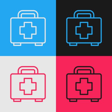 Pop sanat serisi ilk yardım seti simgesi renk arkaplanında izole edildi. Haçlı sağlık kutusu. Acil durumlar için tıbbi ekipman. Sağlık sigortası konsepti. Vektör