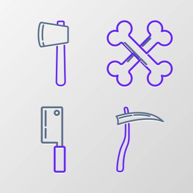 Çizgi, tırpan, et helikopteri, çapraz kemikler ve tahta balta ikonu. Vektör