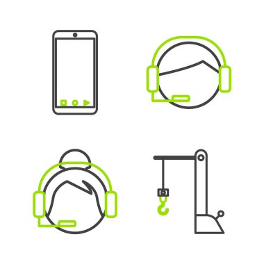 Hat liman vinci, iletişim halindeki destek operatörü ve uygulama dağıtım ikonu ile cep telefonu ayarla. Vektör