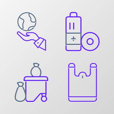 Çizgi plastik torba, tam çöp kutusu, Dünya 'nın simgesini tutan pil ve eller. Vektör