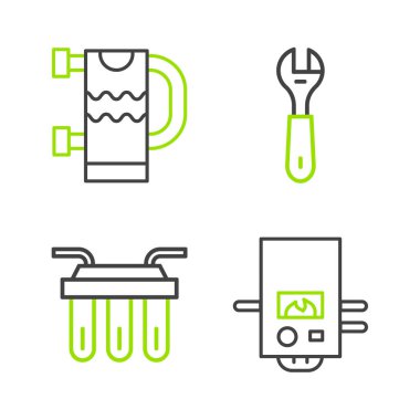 Gaz kazanını, su filtresini, İngiliz anahtarını ve ısıtmalı havlu tırabzanı simgesini ayarla. Vektör