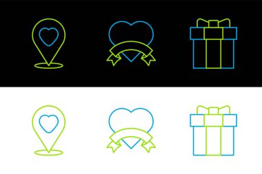 Hediye kutusu, kalp ve kalp ikonlu konum. Vektör