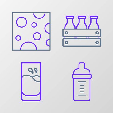 Şişe içinde bebek sütü, cam şişe ahşap kutu ve peynir ikonu. Vektör