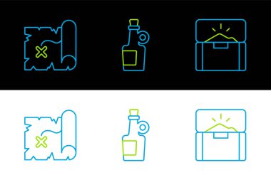 Antik hazine sandığı, Korsan haritası ve alkollü içki ikonu. Vektör