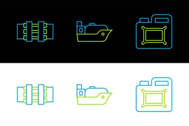 Motor yağı, metal borular, valf ve petrol tankeri ikonu için boru hattı ayarlayın. Vektör