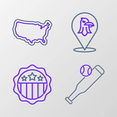 Beyzbol sopasını topla ayarla, ABD Bağımsızlık Günü, Kartal ve harita simgesi. Vektör